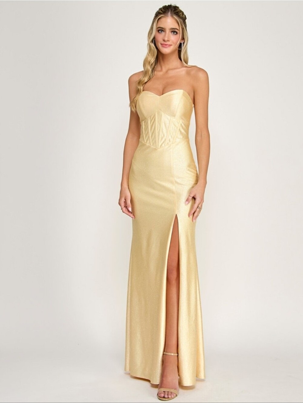 Emerald Sundae Strapless Gold Sparkle Corset Gown Thigh Slit Built-in bra cups S